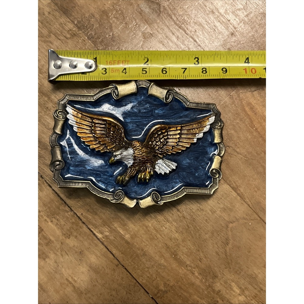 Vintage Bald Eagle Belt Buckle Blue Enamel Silver‑Tone Trim 1983 USA QD1243